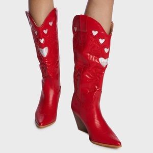 Red Heart Cowboy Cowgirl Boots Knee High White Embroidered Heel